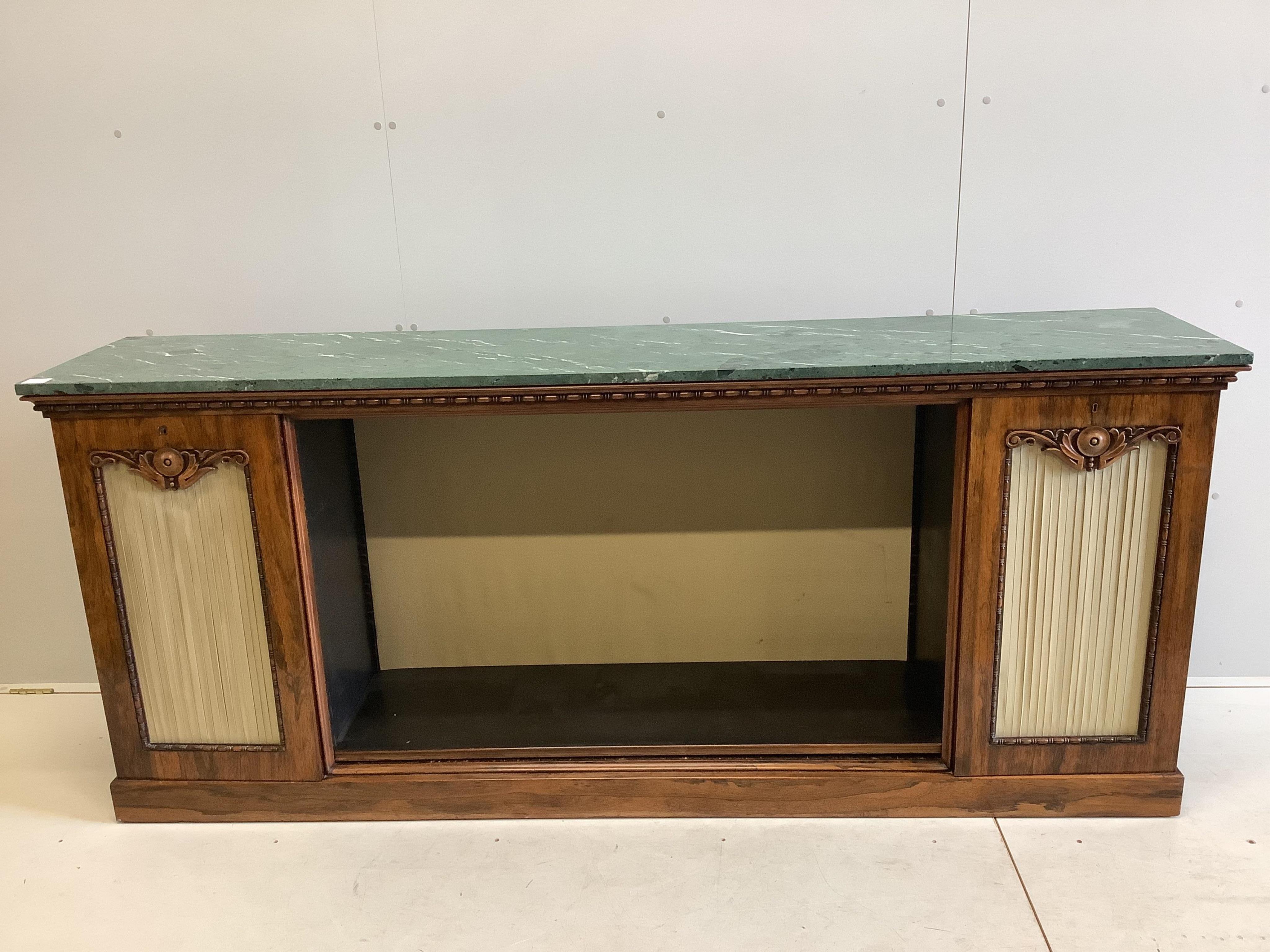 A William IV rosewood dwarf bookcase with associated marble top, width 213cm, depth 43cm, height 91cm. Condition - good